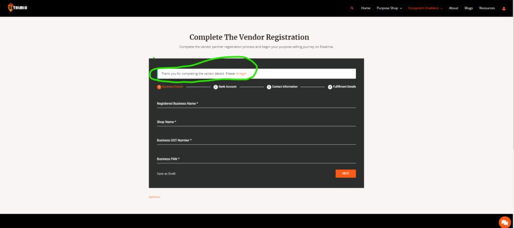 Vendor Registation Form Submission Confirmation