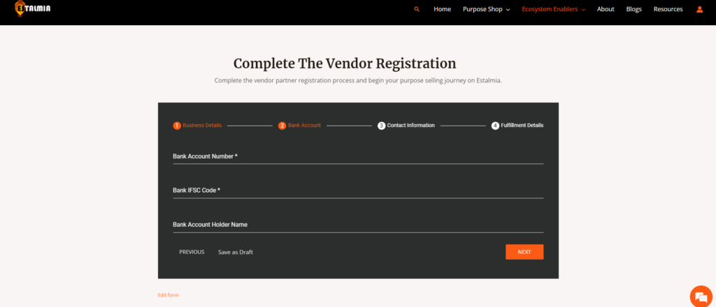 Vendor Registration Form Bank Details