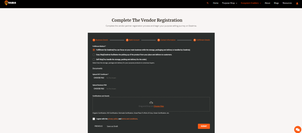 Vendor Registration Form-fulfillment details