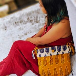 Almitra Sustainables Yellow & Off-White Hand Block Printed Braided Ethnic Sling Bags