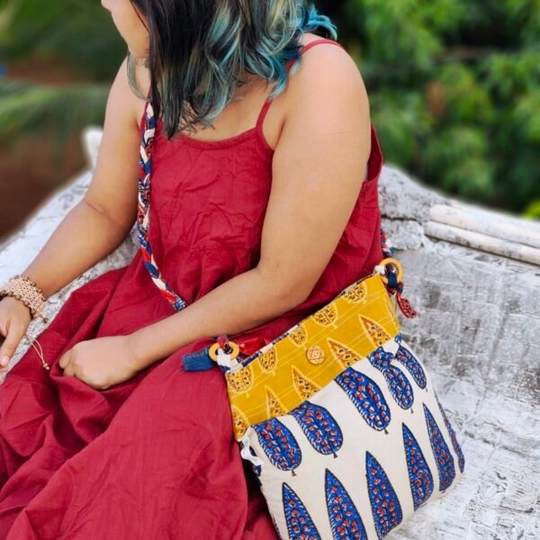 Almitra Sustainables Blue & Off-white Hand Block Printed Braided Ethnic Sling Bags.